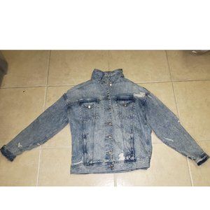 American Eagle Distressed Jean Jacket with Floral Patches on Sleeves Size S